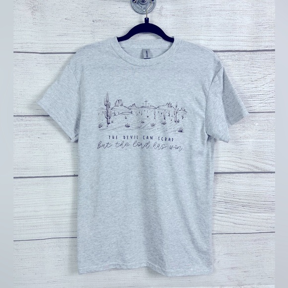 “The Devil can scrap, but the Lord has won” Heather Gray Tee T Shirt 💗 - Picture 2 of 6